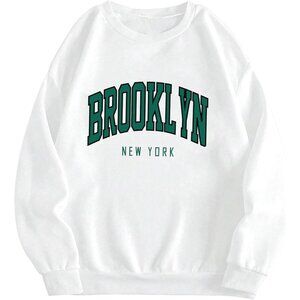 ⚡Women White Brooklyn Imported Graphic Crewneck Long Sleeve Pullover Sweatshirt